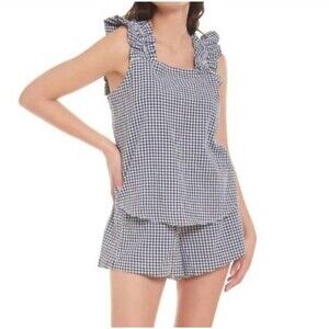 TAYLOR TILLMAN Carolina Top in Black Gingham Ruffle Flutter Sleeves‎ Size Large